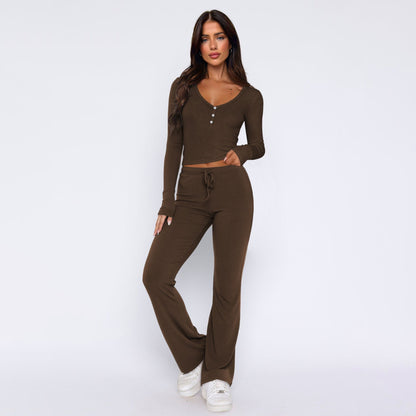 Conjunto de dos piezas de camisa y pantalón casual de manga larga con estampado de dulces y picantes para mujer