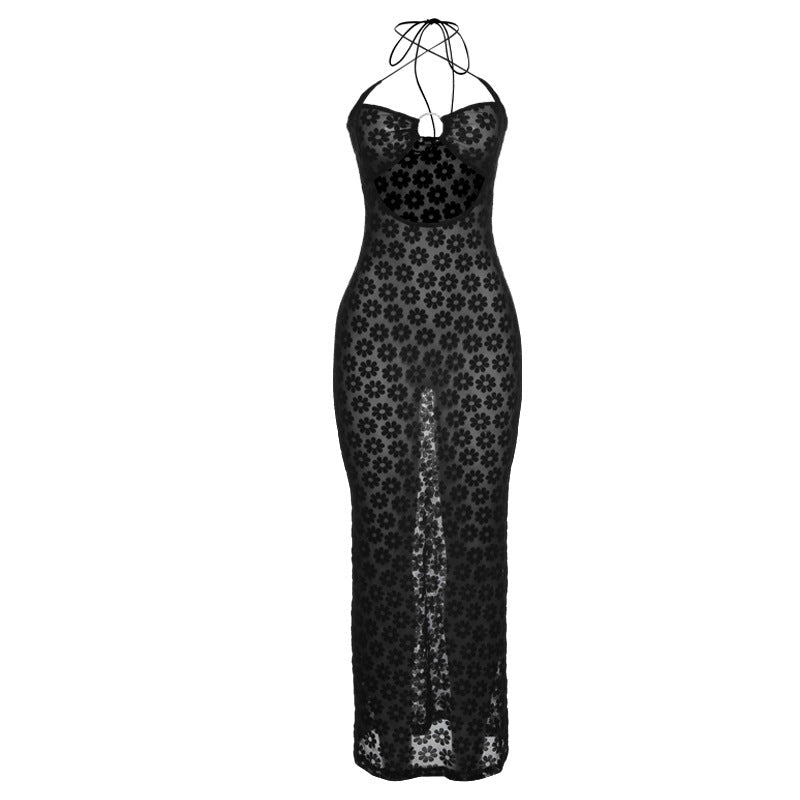 Vestido de verano entrecruzado para mujer, sexy, con cuello halter, aberturas, transparente, ajustado