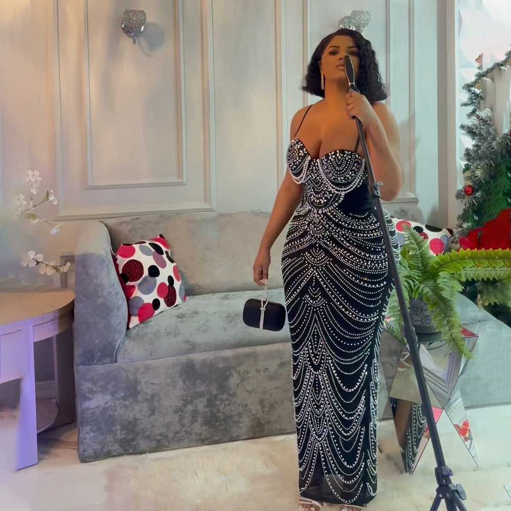 Vestido de noche sexy con tirantes y cristales de burbujas para mujer