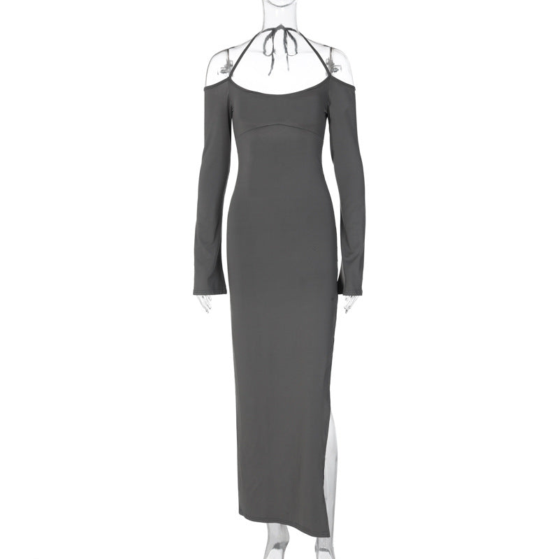 Vestido tubo de color liso con abertura y espalda descubierta para mujer, ropa de otoño