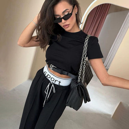 Conjunto de dos piezas de chándal de manga corta para mujer, de alta calidad, con cinturón recortado de primavera, top pequeño decorativo y cintura doble.