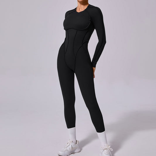Mono deportivo de yoga de una pieza de otoño e invierno con espalda descubierta y pantalones ajustados de manga larga.