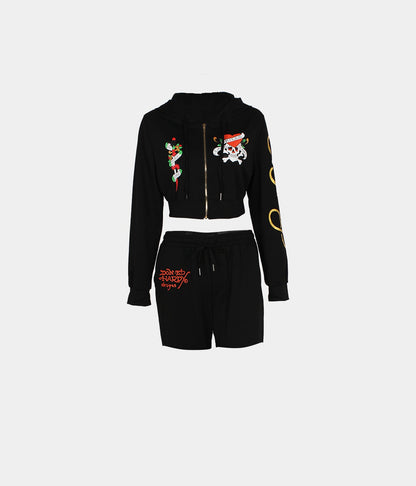 Conjunto de dos piezas para mujer, cárdigan corto básico con cremallera y estampado de calavera y corazón de Brand Street, pantalones rectos de cintura alta