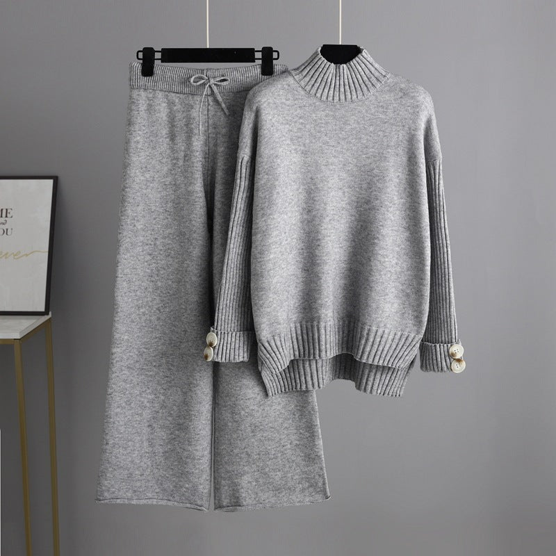 Conjunto de dos piezas de jersey de cuello alto y manga larga para mujer, traje de punto de otoño e invierno, ropa exterior gruesa y holgada.