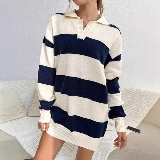Suéter de lana adelgazante suelto con rayas de colores contrastantes para otoño e invierno