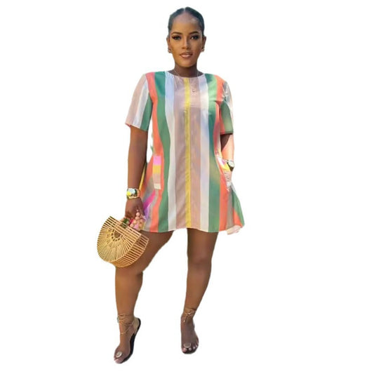 Women Stripes Stitching Pocket Short Sleeve Dress