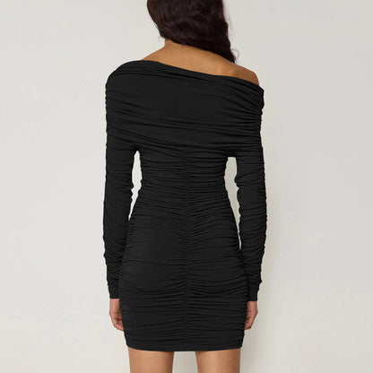 Vestido de mujer de otoño e invierno con mangas largas y cuello halter, sexy, con pliegues en la cadera.