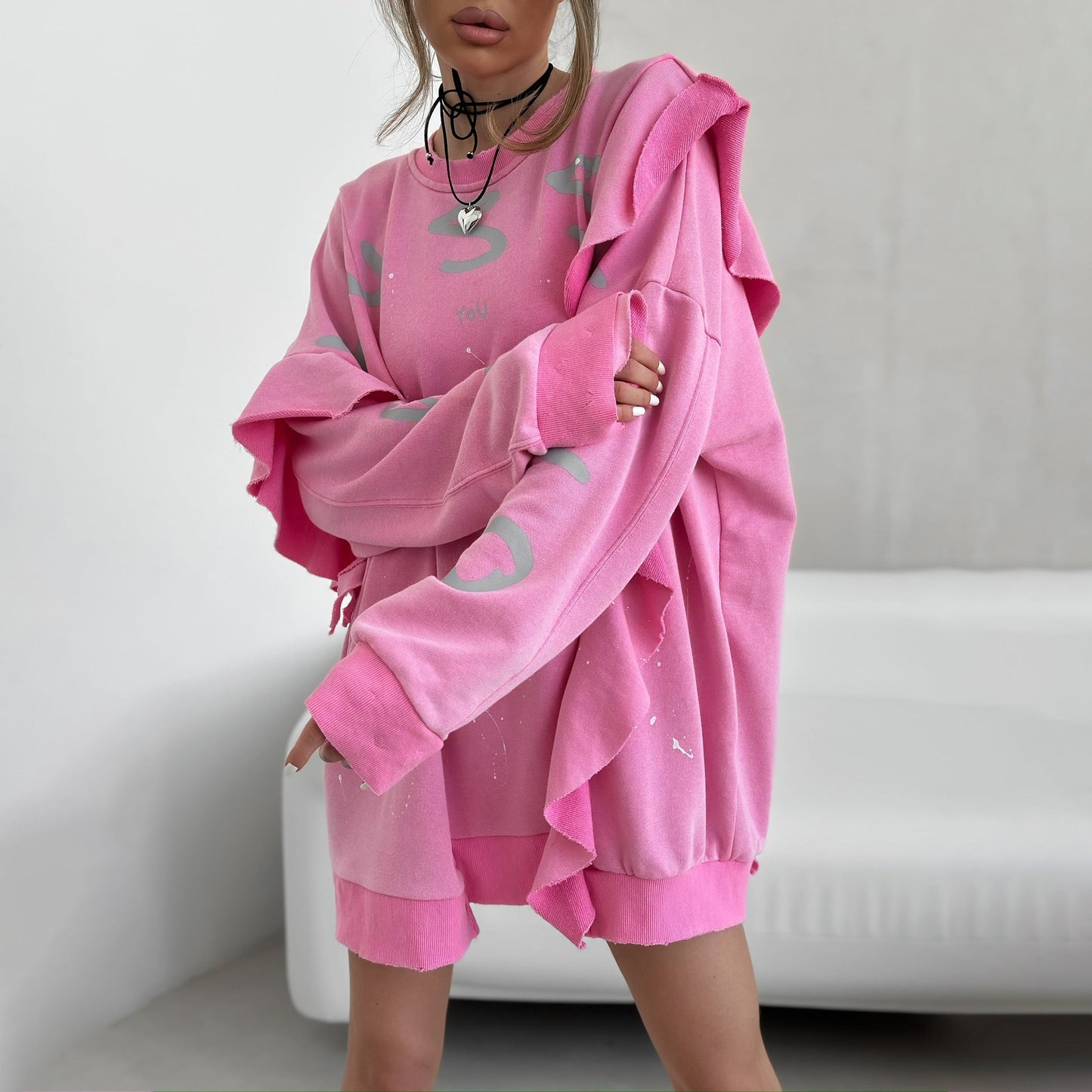 Sudadera holgada de cuello redondo y largo medio con estampado de hojas de loto para mujer, estilo urbano, de verano