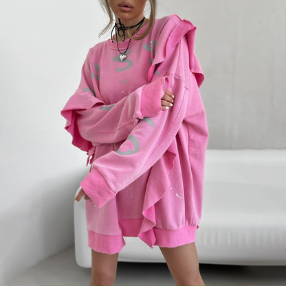 Sudadera holgada de cuello redondo y largo medio con estampado de hojas de loto para mujer, estilo urbano, de verano