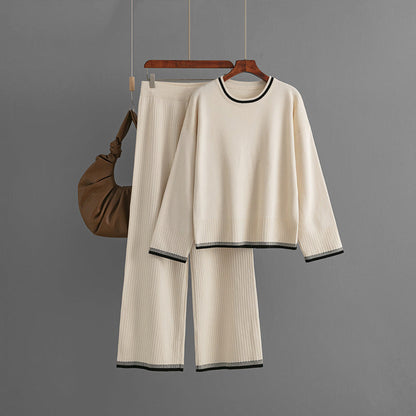 Conjunto de dos piezas de punto para mujer, informal, con contraste de color, manga larga, para otoño e invierno