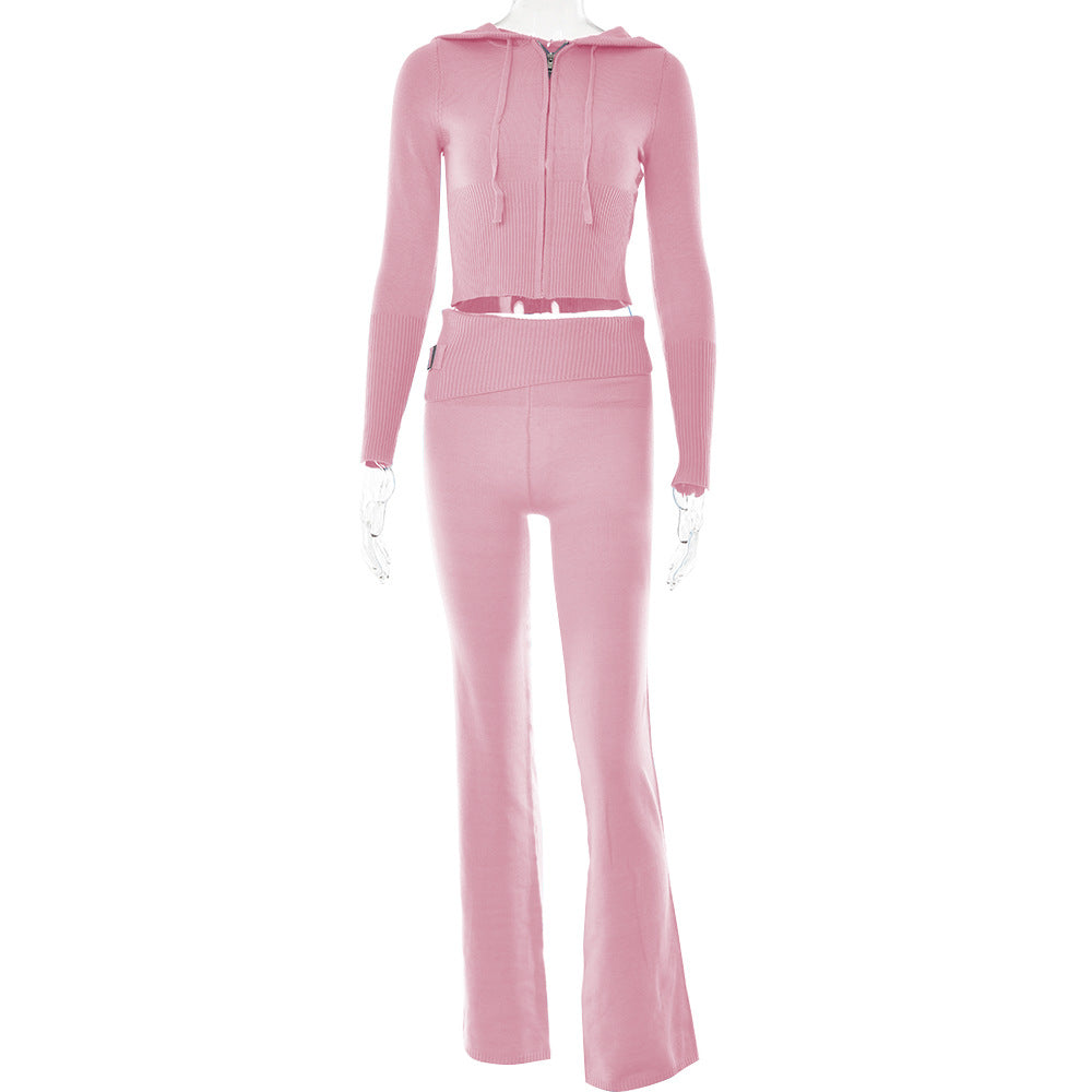 Conjunto de dos piezas de pantalones y mangas largas con cintura alta y capucha de punto para mujer