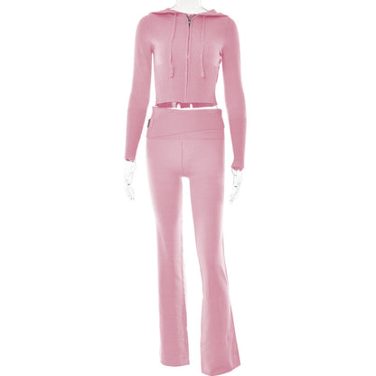 Conjunto de dos piezas de pantalones y mangas largas con cintura alta y capucha de punto para mujer