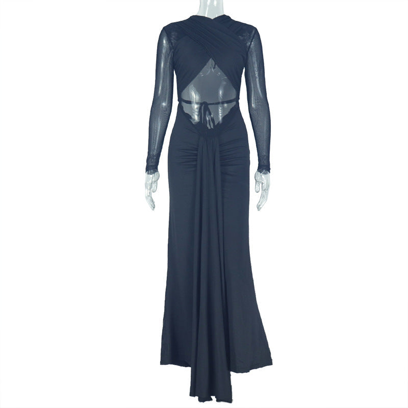 Vestido elegante y sencillo para mujer, sexy, ajustado a la cadera, microtransparente, de un solo paso, de color sólido, plisado, cruzado hasta el pecho.