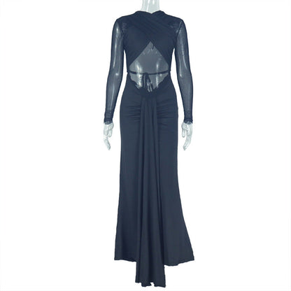 Vestido elegante y sencillo para mujer, sexy, ajustado a la cadera, microtransparente, de un solo paso, de color sólido, plisado, cruzado hasta el pecho.