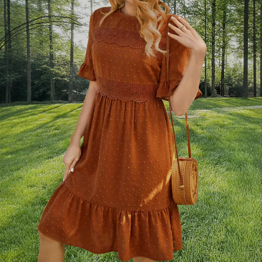 Vestido de primavera y verano para mujer, con costuras de encaje, color liso, cuello redondo y mangas con volantes