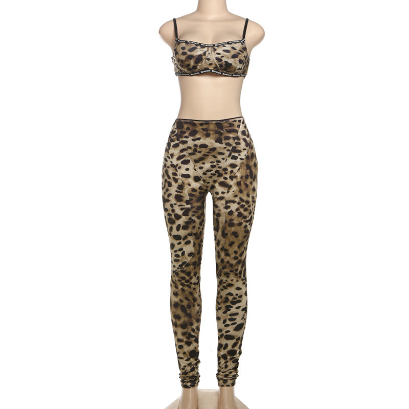 Conjunto de dos piezas formado por liguero, pantalón ajustado y cintura alta, con estampado de leopardo, para mujer.