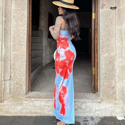 Vestido largo de verano con escote tubo y estampado floral, ajustado y abertura en la cintura para mujer