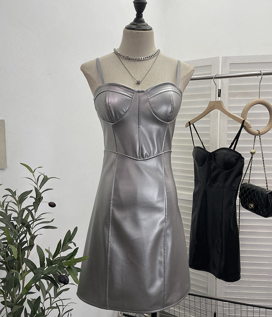 Real Shot Sexy Sling Sheath A line Faux Leather Waist Slimming Short Chest Pad Dress