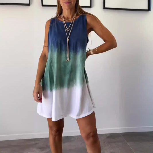 Women Internet Celebrity Summer Tie Dyed Printed Sleeveless Loose Dress