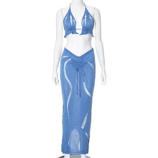 Traje de verano para mujer, ropa sexy con recortes, encaje, espalda descubierta, top con cordón ajustable
