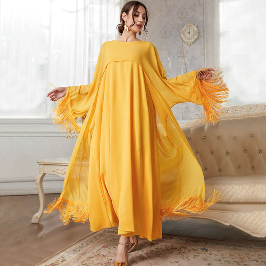 Ropa para mujer, llegada, blusa larga con borlas, vestido de malla, traje de otoño de color liso