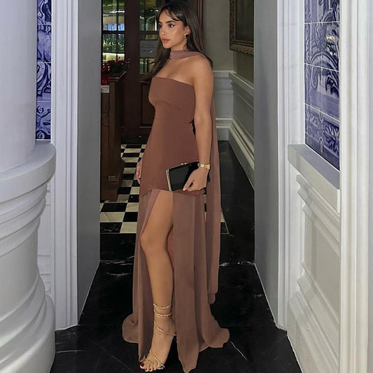 Vestido de primavera para mujer, sexy, ajustado, sin espalda, con costuras de malla, top de tubo, cuello bufanda