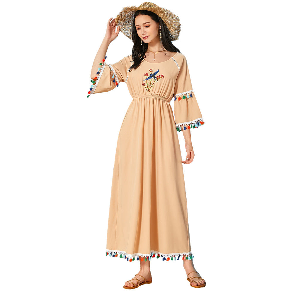Vestido largo informal de cintura alta con cuello redondo y borlas para mujer