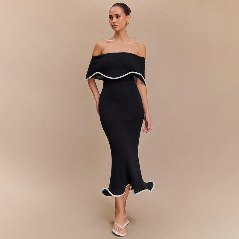 Vestido sexy de verano para mujer, con hombros descubiertos, volantes y contraste de colores, estilo tubo y espalda descubierta