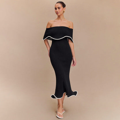 Vestido sexy de verano para mujer, con hombros descubiertos, volantes y contraste de colores, estilo tubo y espalda descubierta