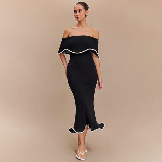 Women Clothing Summer Contrast Color Ruffled off the Shoulder Tube Top Backless Sheath Sexy Dress