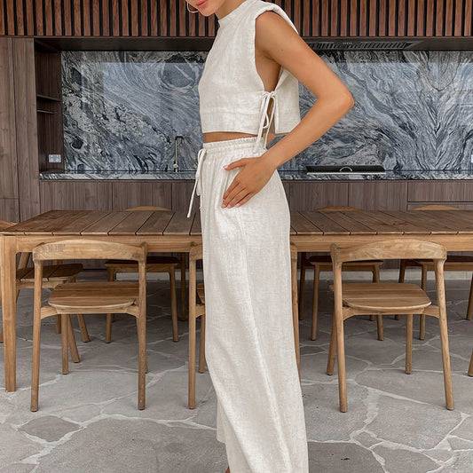 Conjunto de dos piezas de pantalón y top sin mangas con hombros acolchados de verano, traje informal de lino y algodón para mujer