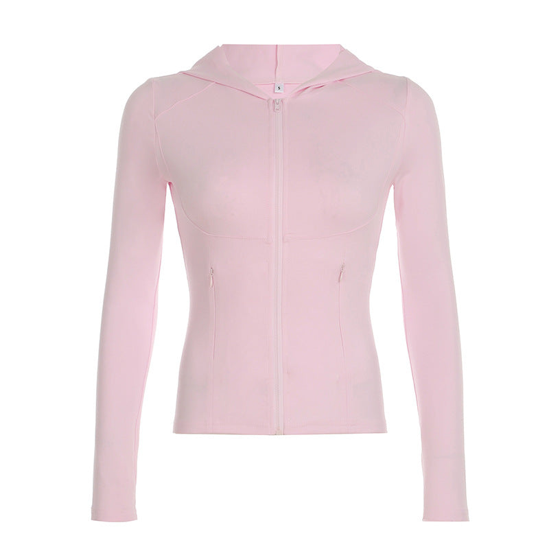 Camiseta deportiva de color liso para correr, fitness, yoga, ajustada, para otoño e invierno, con capucha y cremallera para mujer