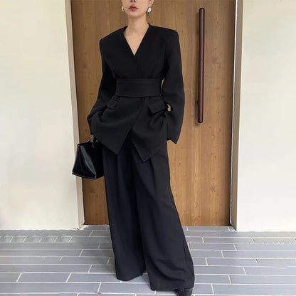 Conjunto de dos piezas formado por top ajustado, pantalón ancho y holgado, elegante e informal, para mujer, otoño