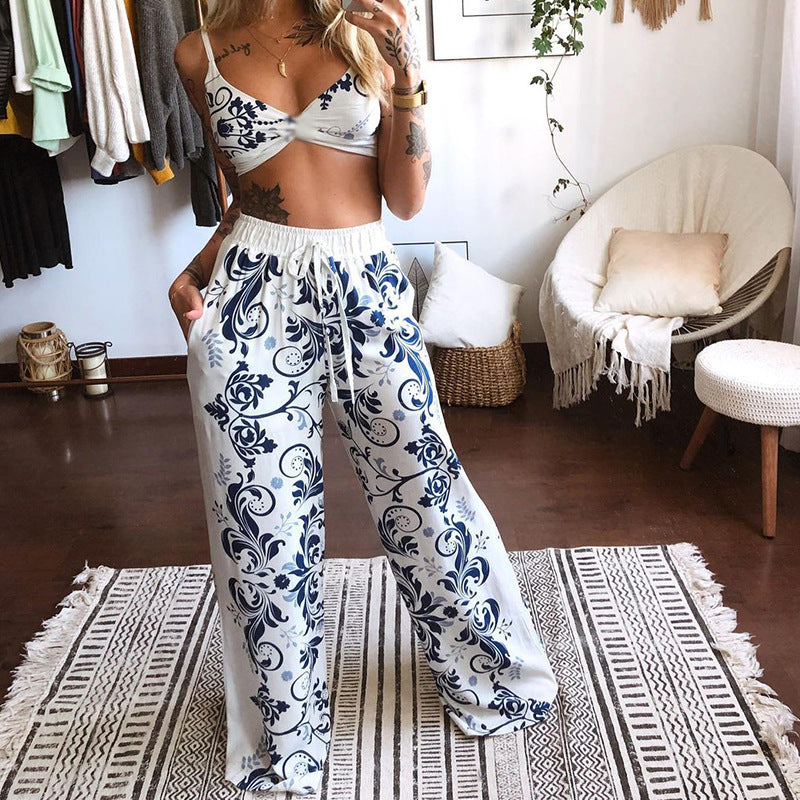 Conjunto de dos piezas de ropa para mujer con top de tubo sexy estampado y pantalones anchos y sueltos