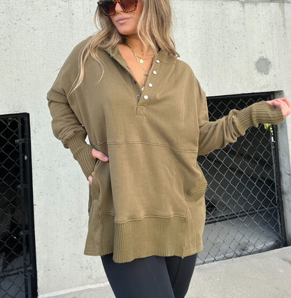 Ladies Autumn Winter Sweatshirt Cotton Oversized Solid Color Rib Fabric Patchwork Hoodie
