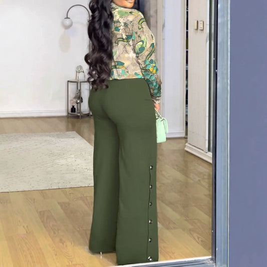 Conjunto de dos piezas de camisa con cuello en V y pantalones anchos para mujer