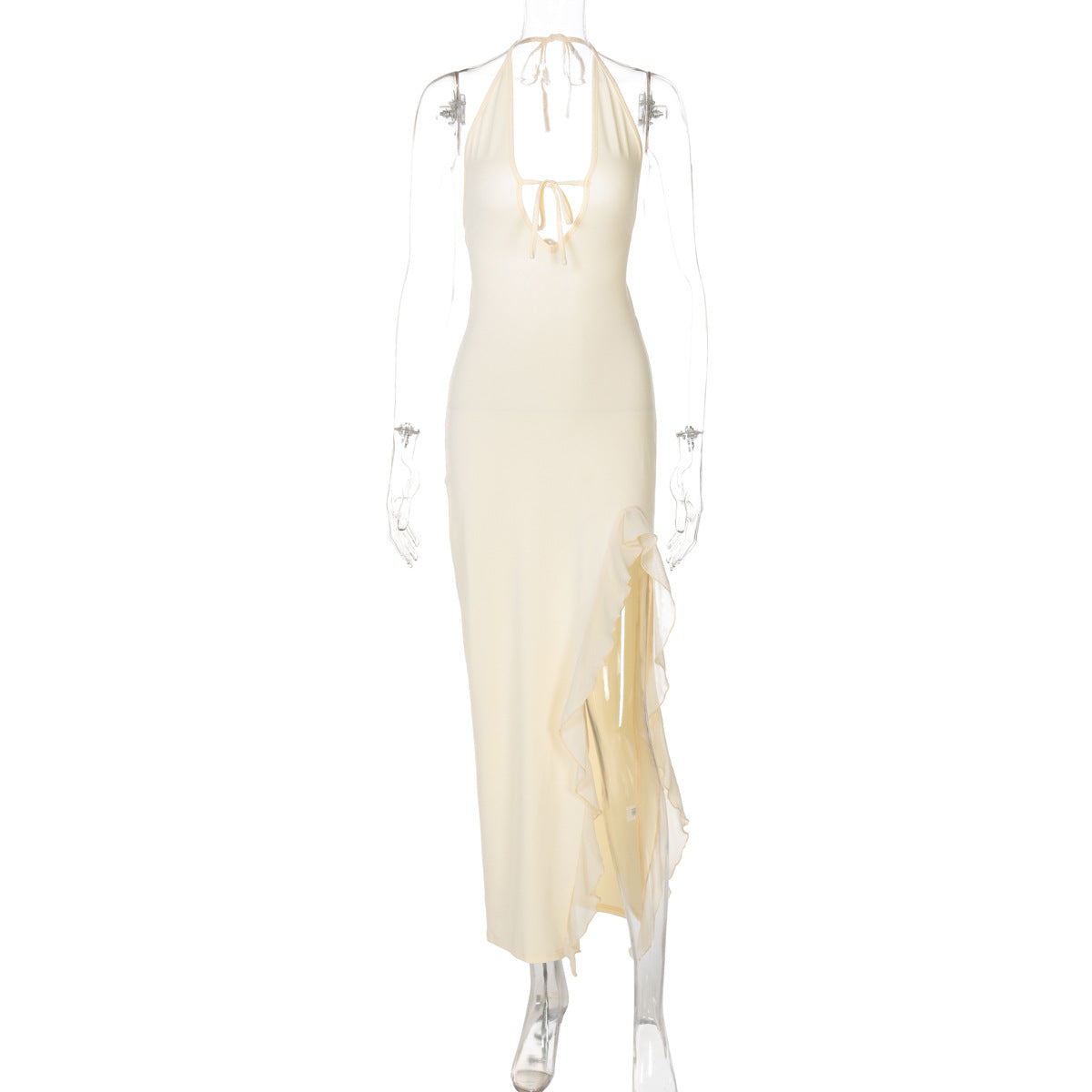 Vestido de invierno con volantes, escote en V, encaje y espalda descubierta para mujer
