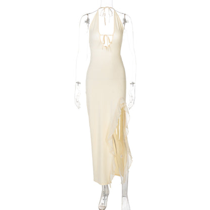 Vestido de invierno con volantes, escote en V, encaje y espalda descubierta para mujer