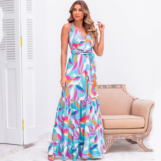 Summer Slimming Printed Dress Cinched Mid Length Dress Office Backless Slip Dress