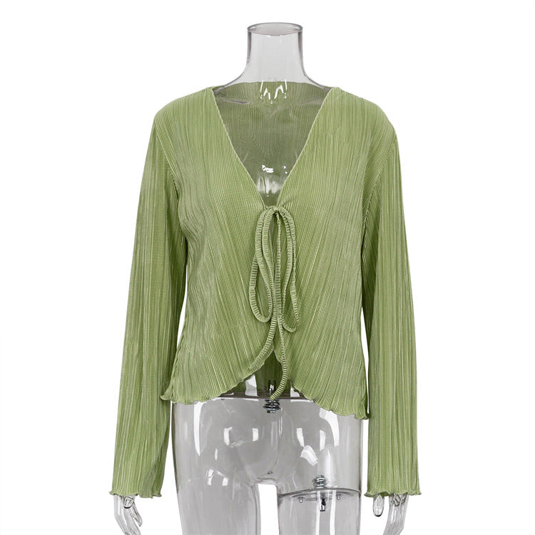Cárdigan de verano con cordones, sexy, ajustado, acampanado, camisa plisada de manga larga para mujer, con textura francesa