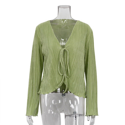 Cárdigan de verano con cordones, sexy, ajustado, acampanado, camisa plisada de manga larga para mujer, con textura francesa