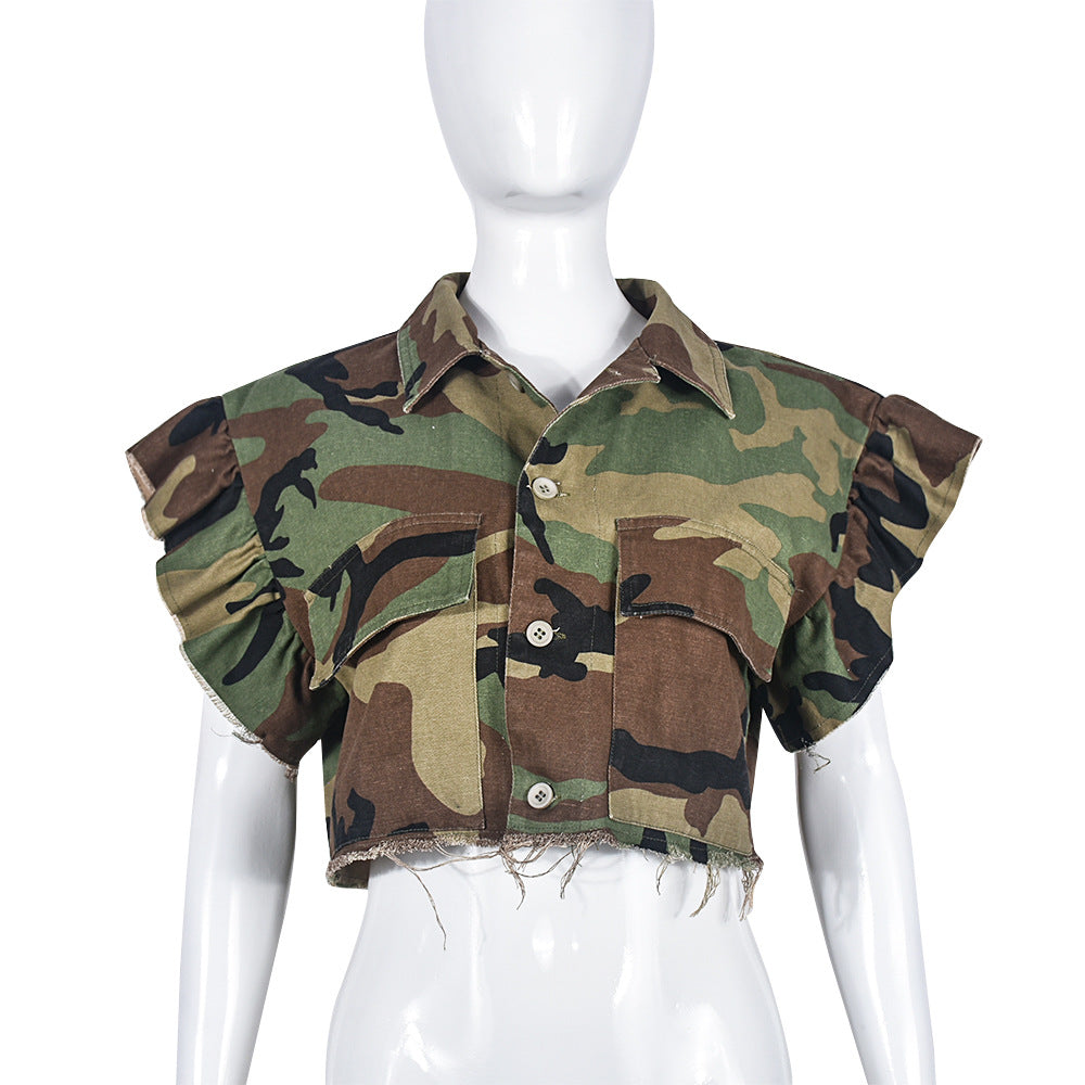 Ropa de camuflaje para mujer, cárdigan personalizado con bolsillos y mangas con volantes, abrigo de manga corta para exteriores para mujer