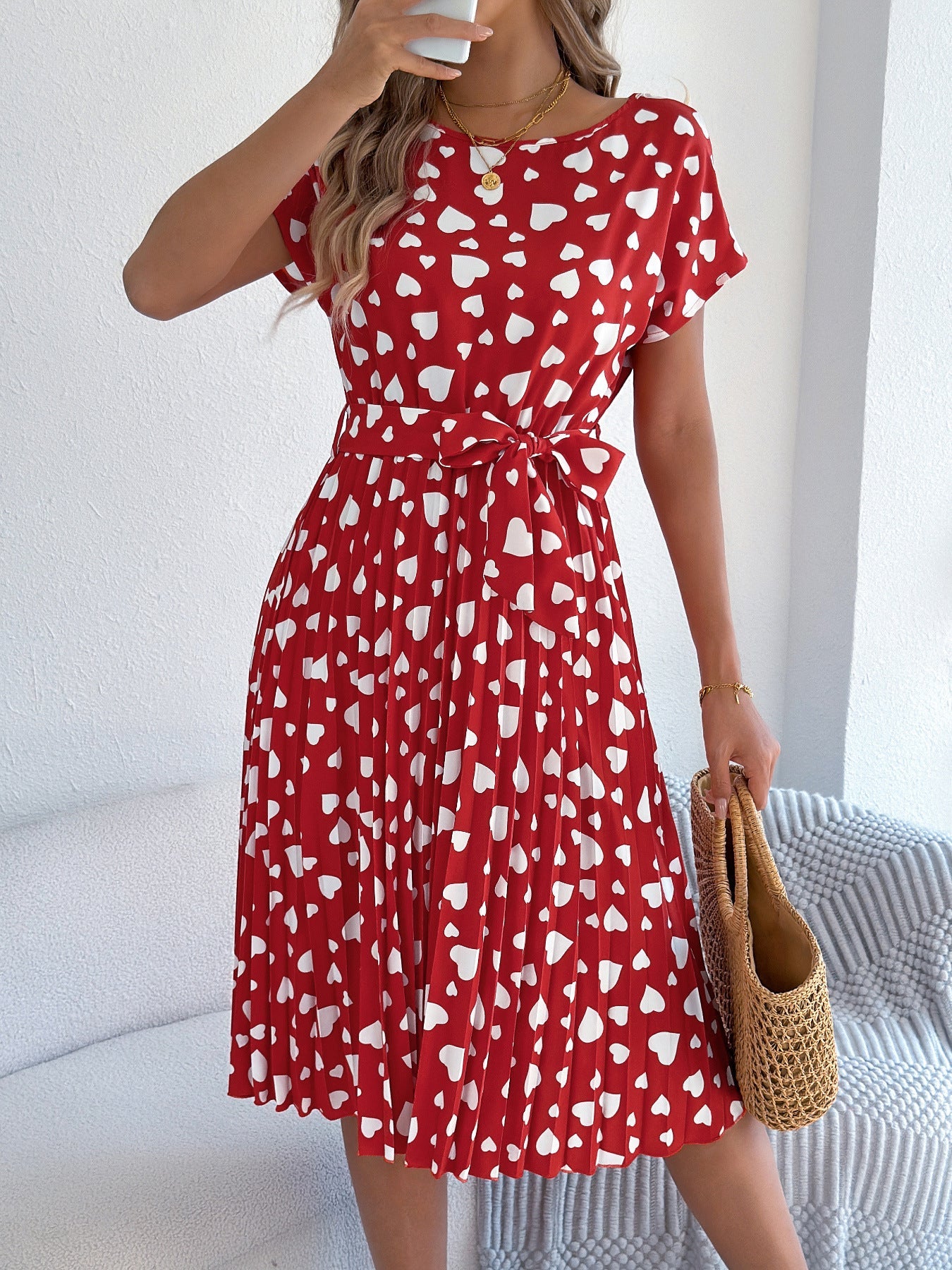 Vestido plisado de manga corta con cintura ajustada para mujer, informal, con contraste de colores y corazón, ideal como regalo de San Valentín, primavera y verano