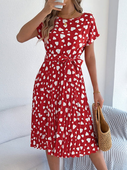 Vestido plisado de manga corta con cintura ajustada para mujer, informal, con contraste de colores y corazón, ideal como regalo de San Valentín, primavera y verano