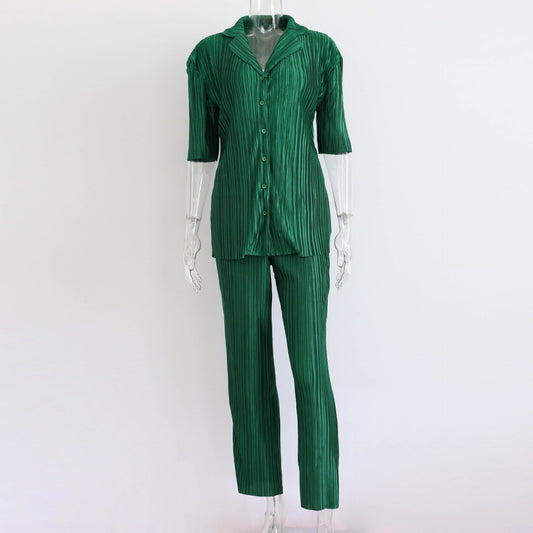 Conjunto de dos piezas de pantalones rectos plisados sueltos de manga corta de verano, conjunto sexy complejo con cuello, conjunto sexy
