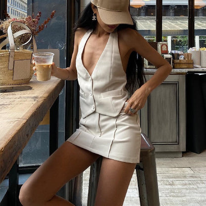 Conjunto de ropa de verano para mujer, sexy, con cuello halter y bolsillos falsos, falda acampanada