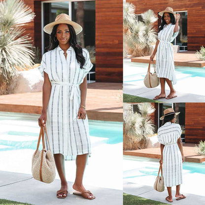 Cárdigan de manga corta a rayas de verano, vestido camisero informal de un solo pecho para mujer