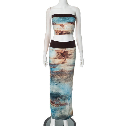 Conjunto de dos piezas formado por top de tubo y falda larga, para primavera y verano, con estampado floral, hombros descubiertos, cintura alta elástica y caderas abiertas