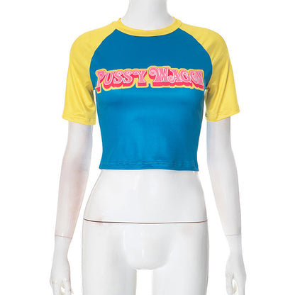Camiseta corta sexy con cuello redondo y estampado gráfico de letras para mujer