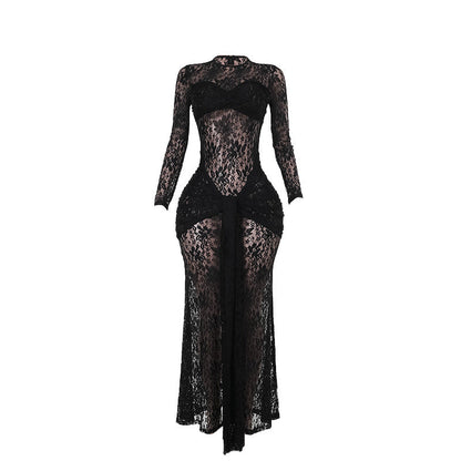 Vestido de encaje ajustado transparente sexy de cadera tipo caída para mujer